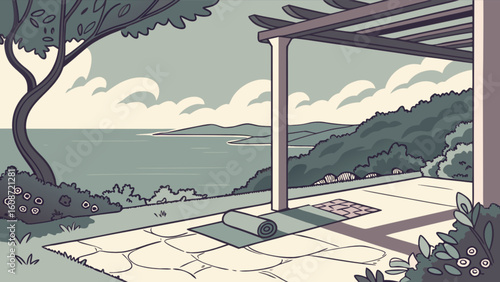A yoga mat rolled and unrolled on a patio overlooking the ocean with trees and pergola