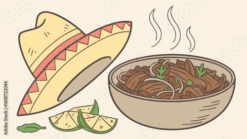Illustration of a bowl of steaming food with a sombrero and lime wedges nearby