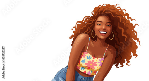 Illustration of a smiling dark skinned woman with curly hair wearing a floral top and blue shorts