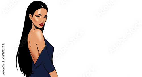 Illustration of a woman with long black hair and a blue dress looking over her shoulder at the viewer