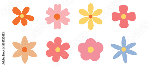 Groovy Daisy Flower Set Retro 60s 70s Vintage Floral Icons in Pastel Colors
