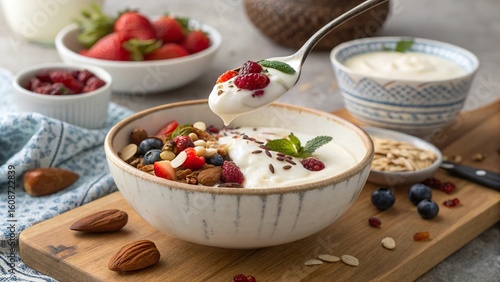 Healthy breakfast bowl with Greek yogurt topped with nuts and fresh berries for added nutrients and flavor