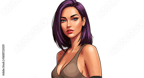 Illustration of a woman with purple hair wearing a tank top looking at the viewer with green eyes