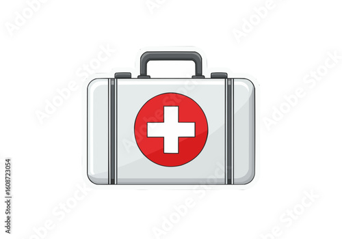 Illustration of a white first aid kit with a red cross in the center and a black handle on top