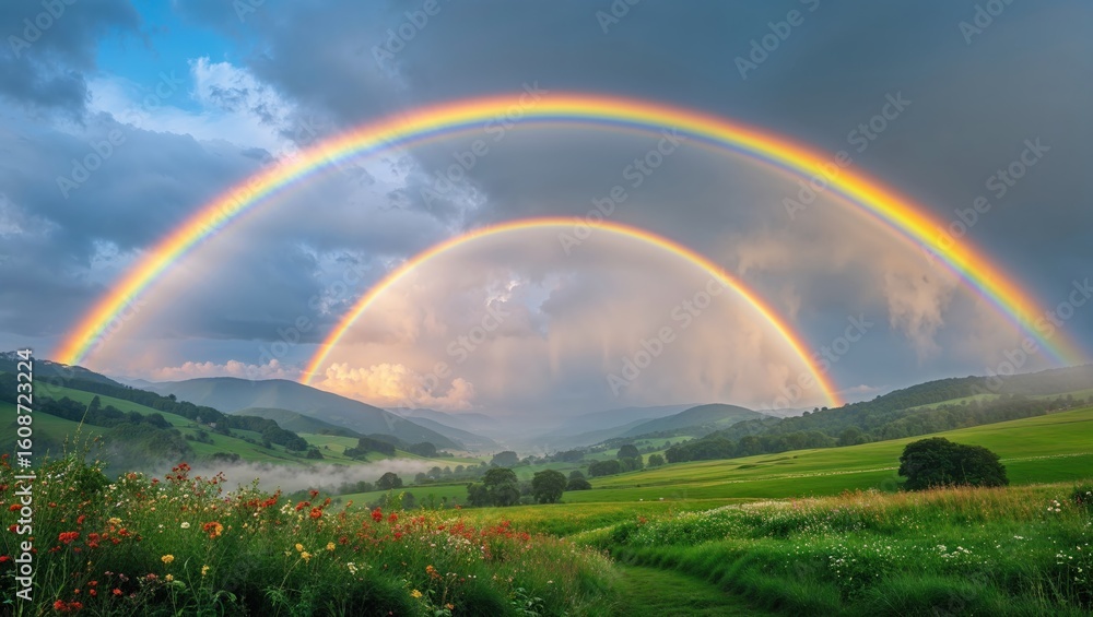 Naklejka premium Vibrant double rainbow over lush green hills and blooming wildflowers in a serene rural landscape after rain