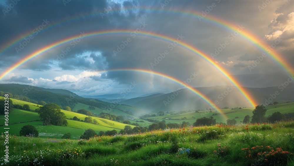 Naklejka premium Multiple rainbows arching over lush green hills under a dramatic sky after a rainstorm in the countryside
