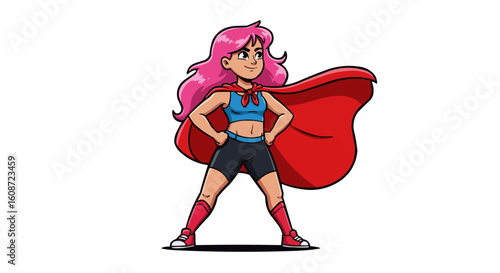 Illustration of a confident cartoon superhero woman with pink hair and a red cape standing proud