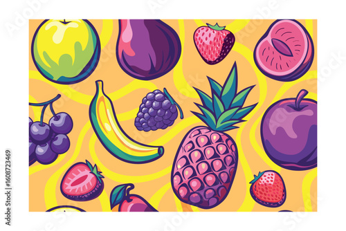 A vibrant flat assorted fruits including apples bananas strawberries pineapple strawberry