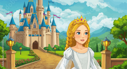 A beautiful princess with golden hair stands before a majestic castle in a fairytale landscape