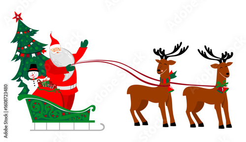 Santa ride sleigh with reindeer in the white background. Vector christmas illustration. Santa Claus with Reindeer and Snowman sliding down in a sleigh with Christmas gifts.
