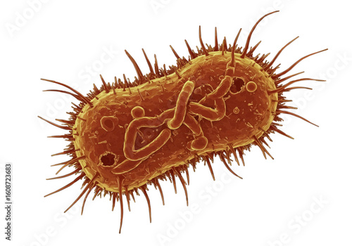Detailed microscopic view of a single bacterium cell with visible internal structures and pili around it