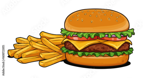 Illustration showcasing a burger with sesame seed bun next to a pile of golden french fries on a white background