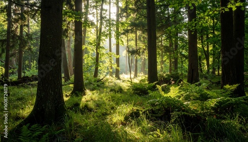 Fototapeta Naklejka Na Ścianę i Meble -  Sunlit forest path, dappled light on ferns and moss