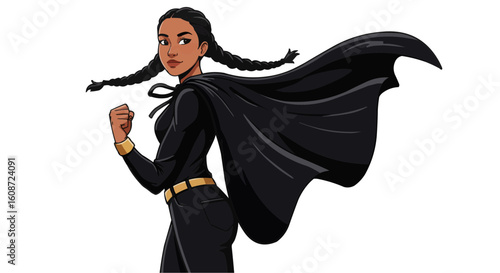 Illustration of a confident woman with braids wearing a cape and raising her fist in a powerful pose