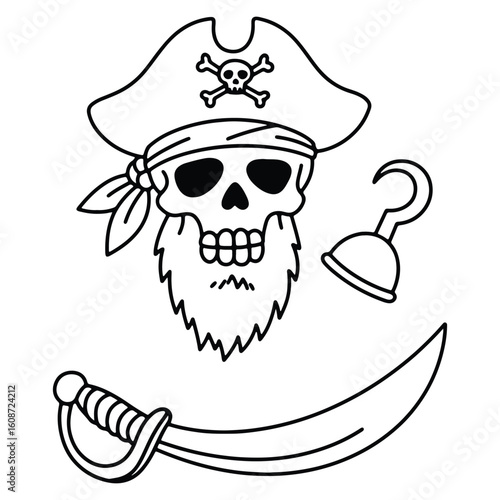 Cartoon pirate skull with hat hook saber and beard black and white illustration