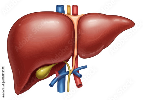 Illustration showing the human liver with gallbladder and associated blood vessels in detailed view