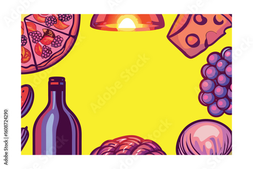 Colorful food drink items arranged around a yellow pizza grapes
