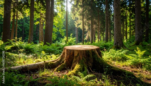 Fototapeta Naklejka Na Ścianę i Meble -  Sunlit forest scene with moss-covered tree stump