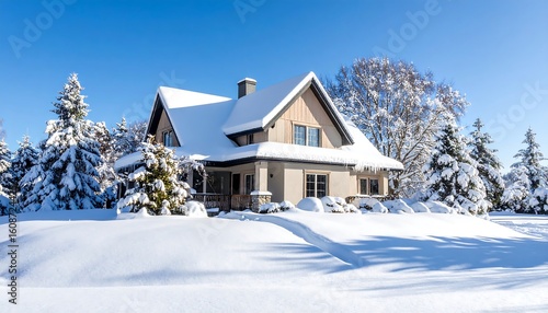 A cozy home nestled in a snowy landscape.  A light beige house with a sloped, snow-covered roof, surrounded by snow-dusted evergreen trees and shrubs.  Bright, sunny blue sky above