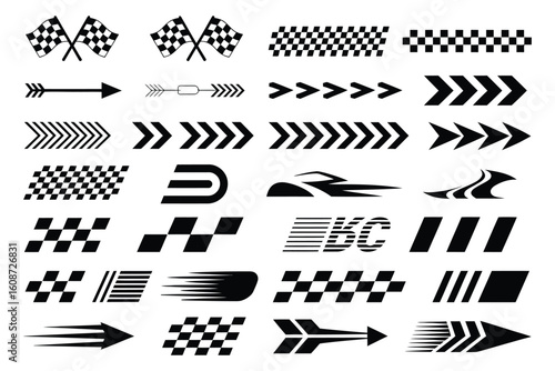  Racing Stripe Vector Set, Dynamic Line Graphics, Finish Flags, and Label Elements for Race Cars, Motorbikes, and Automotive Branding Design
