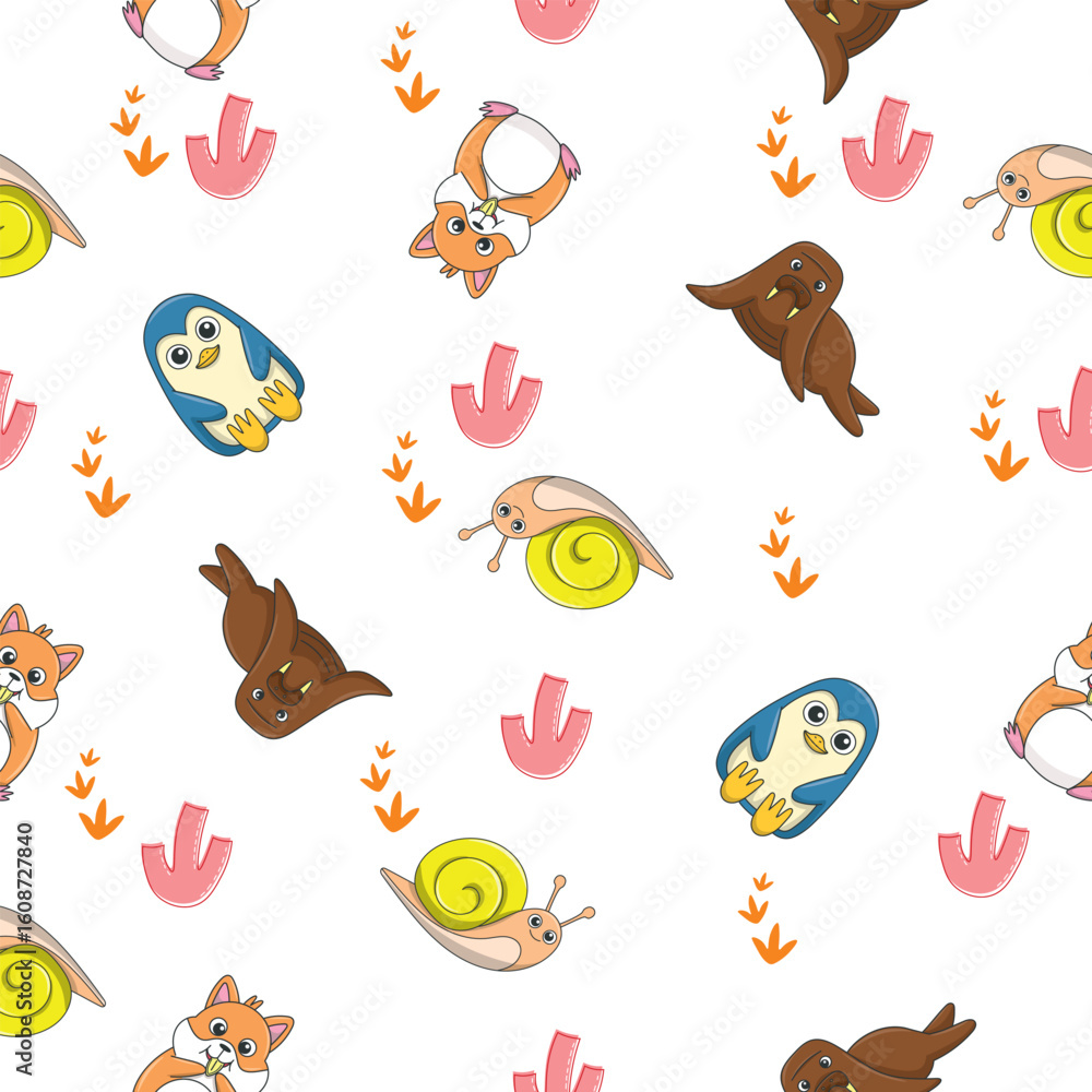 Obraz premium Cute wild animals seamless pattern for baby shower decor, nursery print, kindergarteen wallpaper, fabric, and textile. Vector illustration