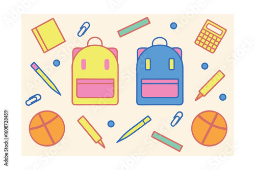 Yellow blue backpacks surrounded by school supplies on a cream vector
