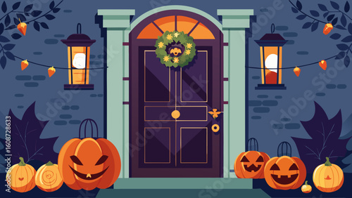 Halloween front door with pumpkins lanterns and a wreath ready for trick or treating visitors tonight