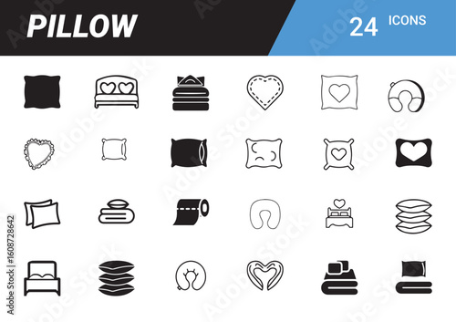 Pillow Icons Set: A comprehensive array of pillow icons, perfect for illustrating concepts related to rest, sleep, and comfort. The set features various styles, including solid, outlined.