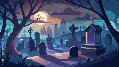Illustration of a spooky graveyard at night with tombstones and a full moon in the background