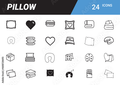 Pillow Icons: A vector set of 24 pillow icons, featuring diverse shapes, from heart-shaped to travel pillows, conveying comfort and design versatility.