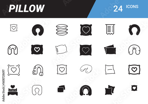 Iconic Pillows Collection: An assortment of minimalist pillow icons, each representing a unique design, are arranged in a clean and easily readable layout.