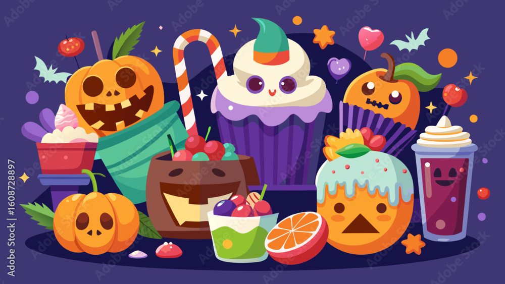 Fototapeta premium Illustration of halloween themed sweets and treats including pumpkins cupcakes and other halloween items