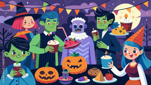 Halloween party with monsters and witch enjoying treats under a string of festive flags at night