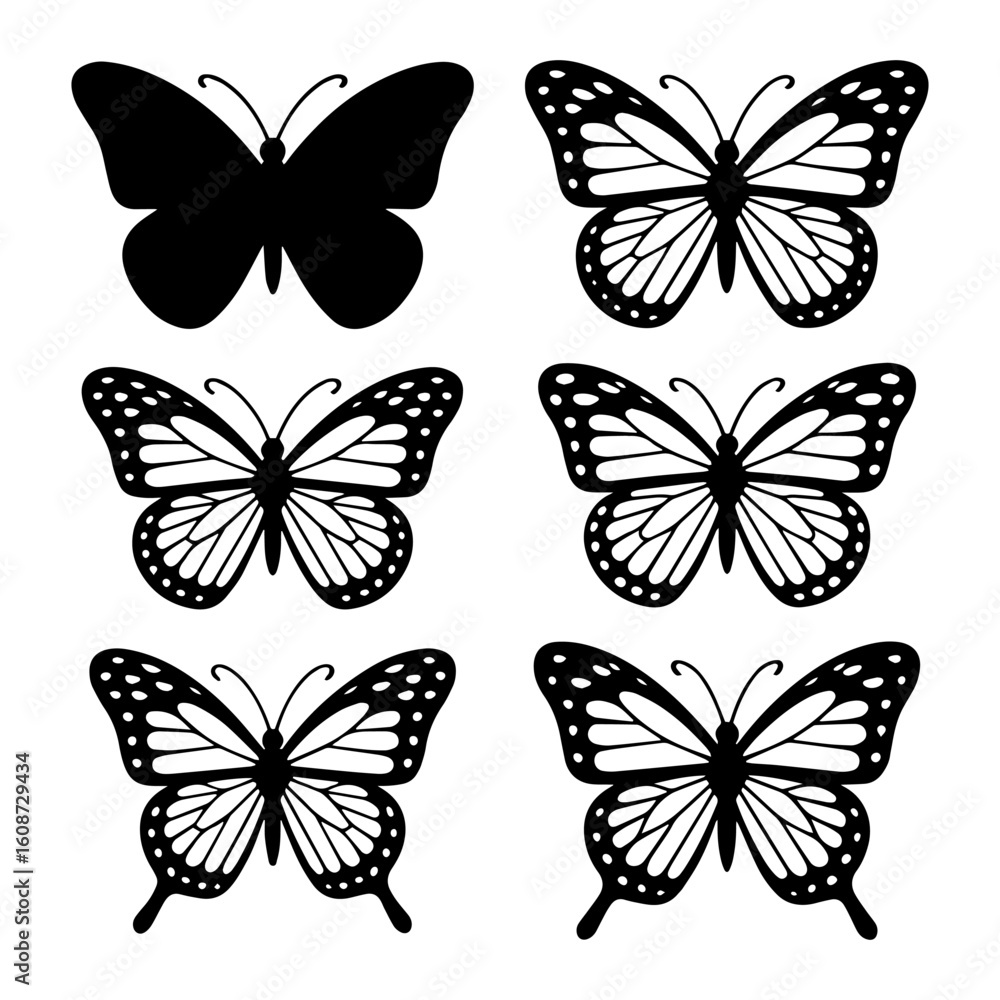 Obraz premium Black Butterfly Silhouettes Set – Insect Vector Collection for Tattoos and Stickers