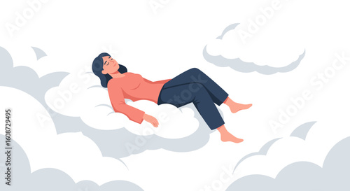 A serene woman rests peacefully on a fluffy white cloud, embodying tranquility and a dreamlike state in a surreal sky.
