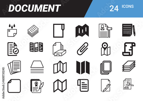 Document Icons: A comprehensive set of minimalist document icons. representing different types of paper documents and related tools, suitable for diverse design applications. 