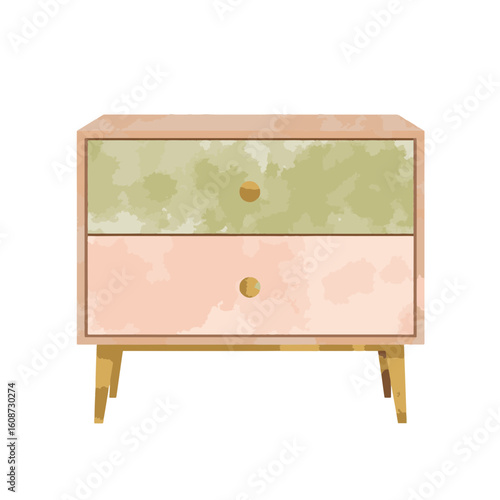 Pastel nightstand with gold and olive accents on white background, home decor