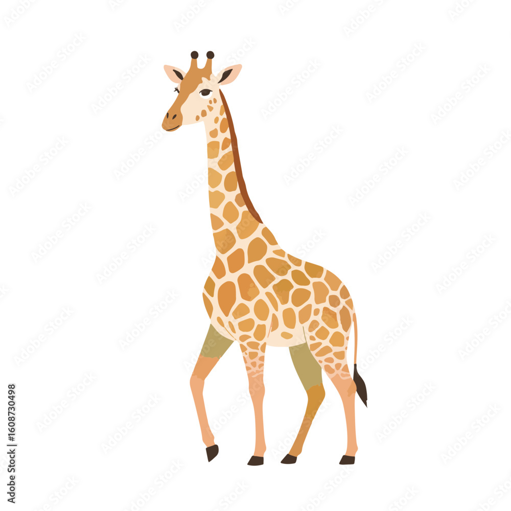 Naklejka premium Giraffe walking in pastel colors on white background, whimsical design