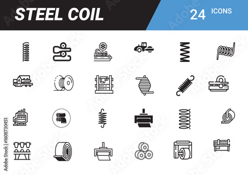 Steel Coil Icons: A collection of meticulously crafted steel coil icons, illustrating various stages of production, and application, perfect for industrial and manufacturing designs.