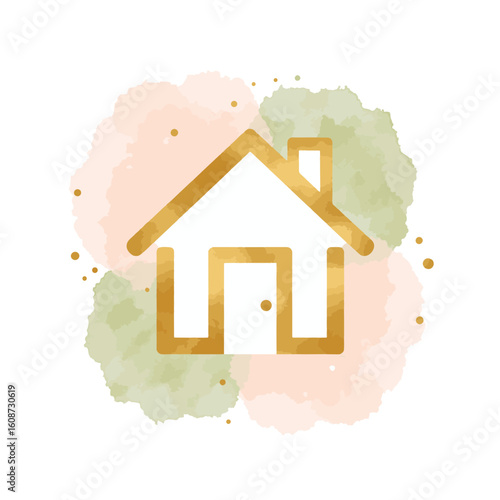 Elegant home icon in soft pastel colors with gold accents, comfort concept