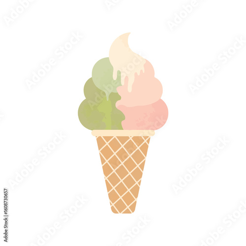 Colorful ice cream cone with pastel swirls on white background, sweetness