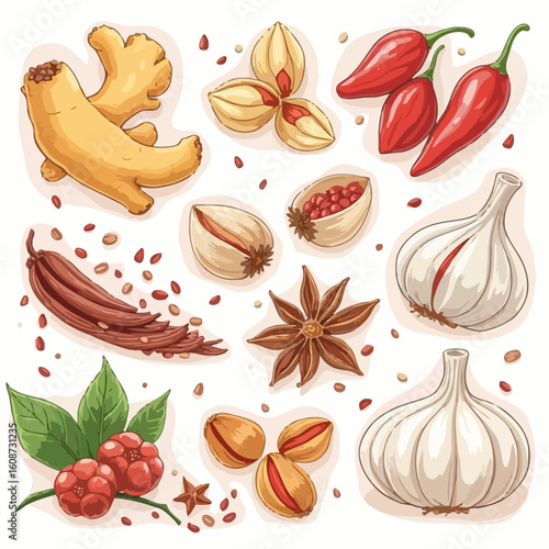 A colorful collection of aromatic cooking spices and herbs. Hand-drawn illustration of ginger, garlic, chili peppers, and star anise for seasoning.