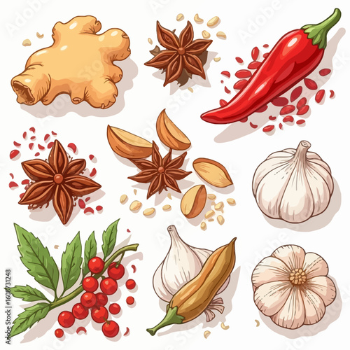 Vibrant illustrative set of natural culinary ingredients and aromatic spices, featuring fresh ginger, star anise, red chili, and garlic, ideal for cooking and flavor.