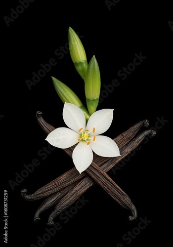 Vanilla orchid flowers and pods in botanical composition on black background