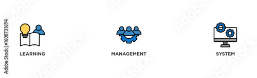 LMS banner web icon illustration concept for learning management system, educational courses, training and development programs with online learning, administration, growth, and automation icon