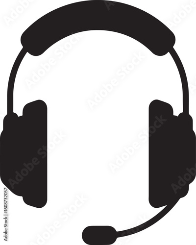 A sleek black and white icon of a headset with a microphone, symbolizing communication, customer service, gaming, audio, and call center support