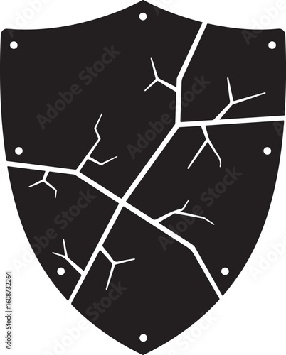 A shattered black shield silhouette with prominent cracks, symbolizing vulnerability, broken protection, or a defeated defense, ideal for security or challenge concepts