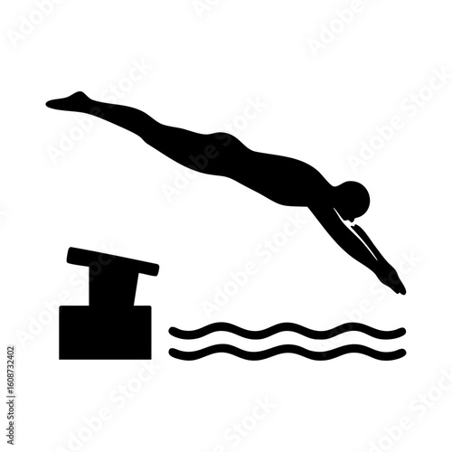Silhouette of swimmer diving from platform into water