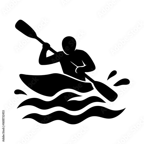 Silhouette of kayaker paddling through waves