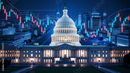Nighttime View U S Capitol Building Illuminated City Skyline Overlayed Stock Market Candlestick